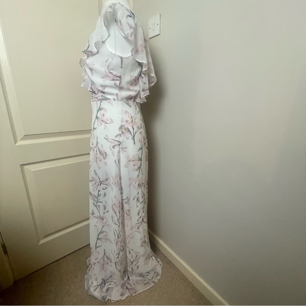 Warehouse Size 10 Frill Wrap Button Maxi Dress Floral Pink White Bridesmaid Chic - Picture 4 of 11